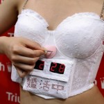 A model displays lingerie maker Triumph International's new "Konkatsu Bra", literally meaning "marriage hunting" bra, during an unveiling in Tokyo